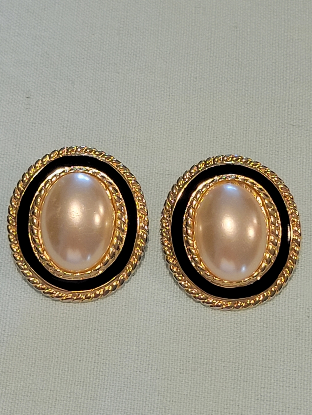 Made In USA stamped Gold-Tone Pearl Oval Drop Earrings with Black Enamel Accent